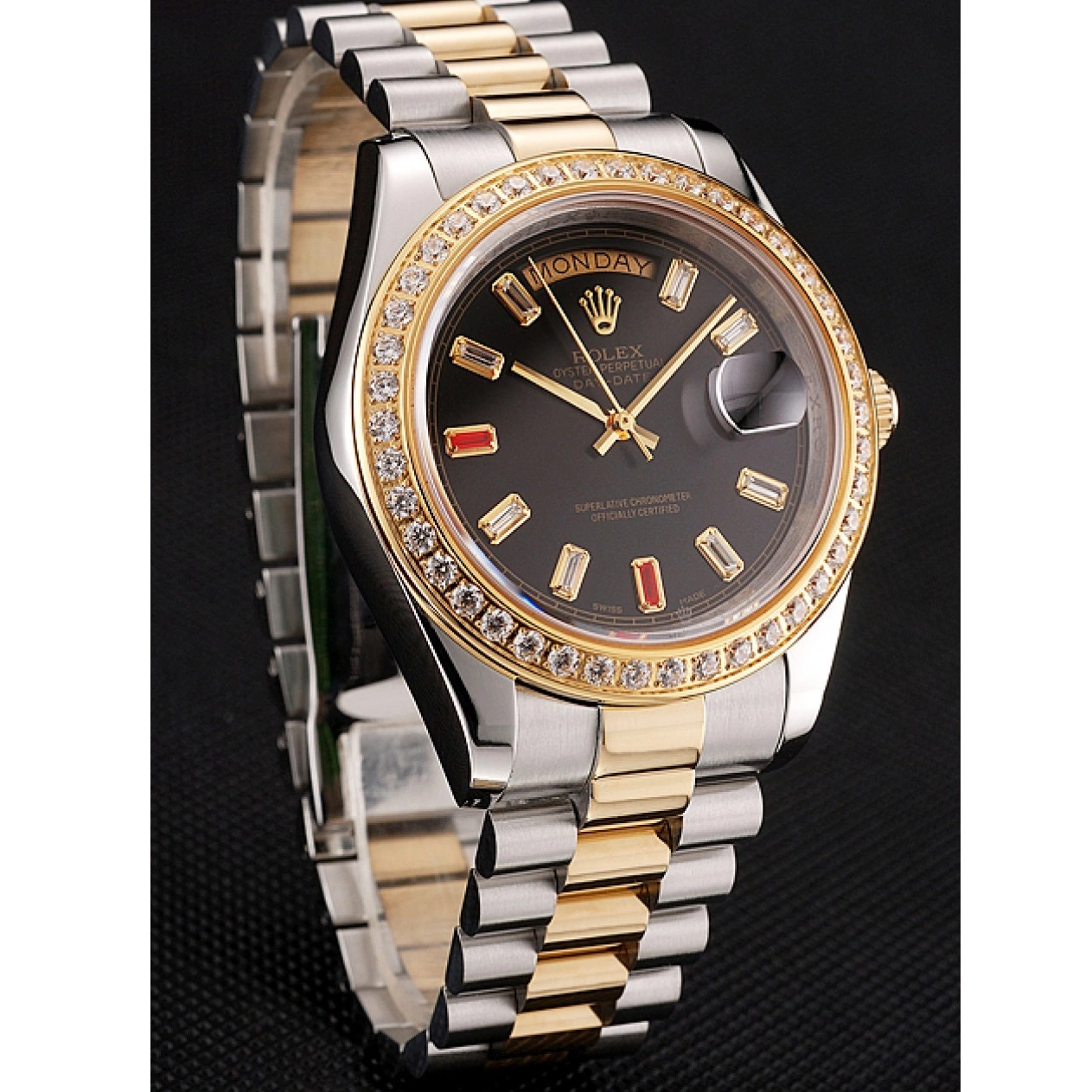 Aaa replica watch And 1454105 Two Bracelet Swiss Tone Rubies Dial Rolex Day-Date Diamonds Black 0814